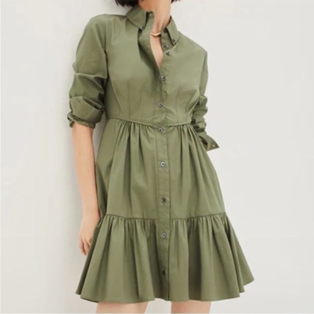 NWT Veronica Beard Ruffled Button-Down Shirt Dress - Army Green - Women's Size 6